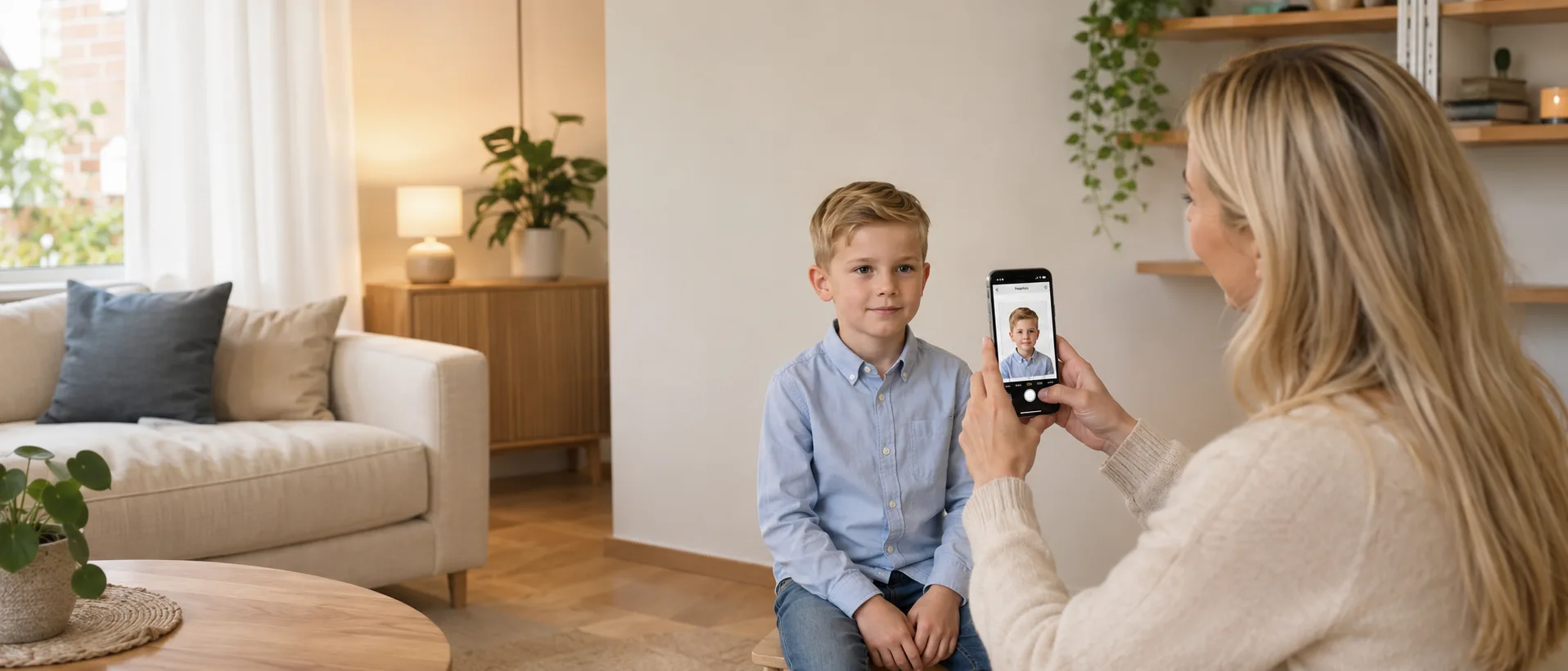 Een moeder maakt thuis in de woonkamer met haar telefoon een pasfoto van haar zoon